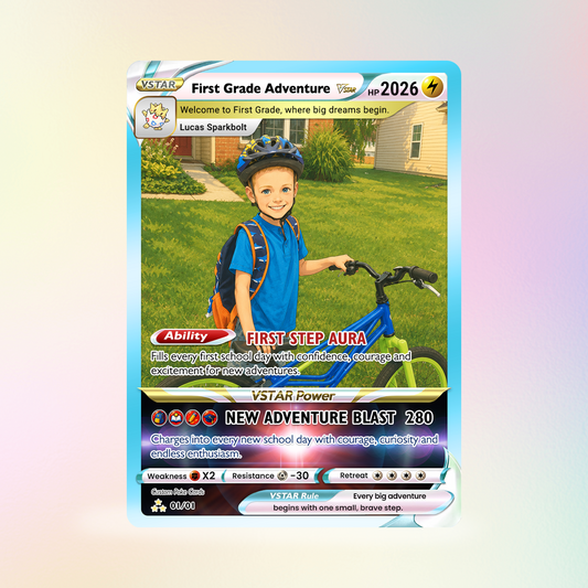 First Grade Adventure Custom Pokémon Card, First Day of School Personalized Pokémon Card, Customizable Animated Gift from Parents for Kids - Kindergarten Graduation Gift - CPC-BTS-24