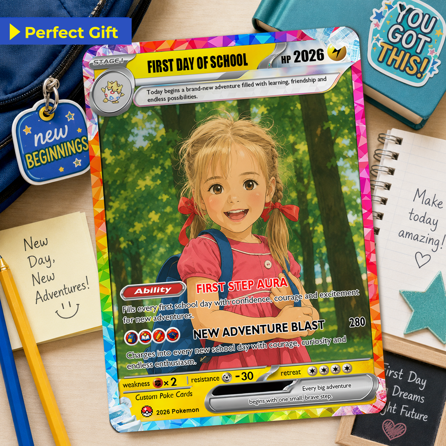 First Grade Custom Pokémon Card, First Day of School Personalized Pokémon Card, Customizable Animated Gift from Parents for Kids - Kindergarten Graduation Gift - CPC-BTS-23