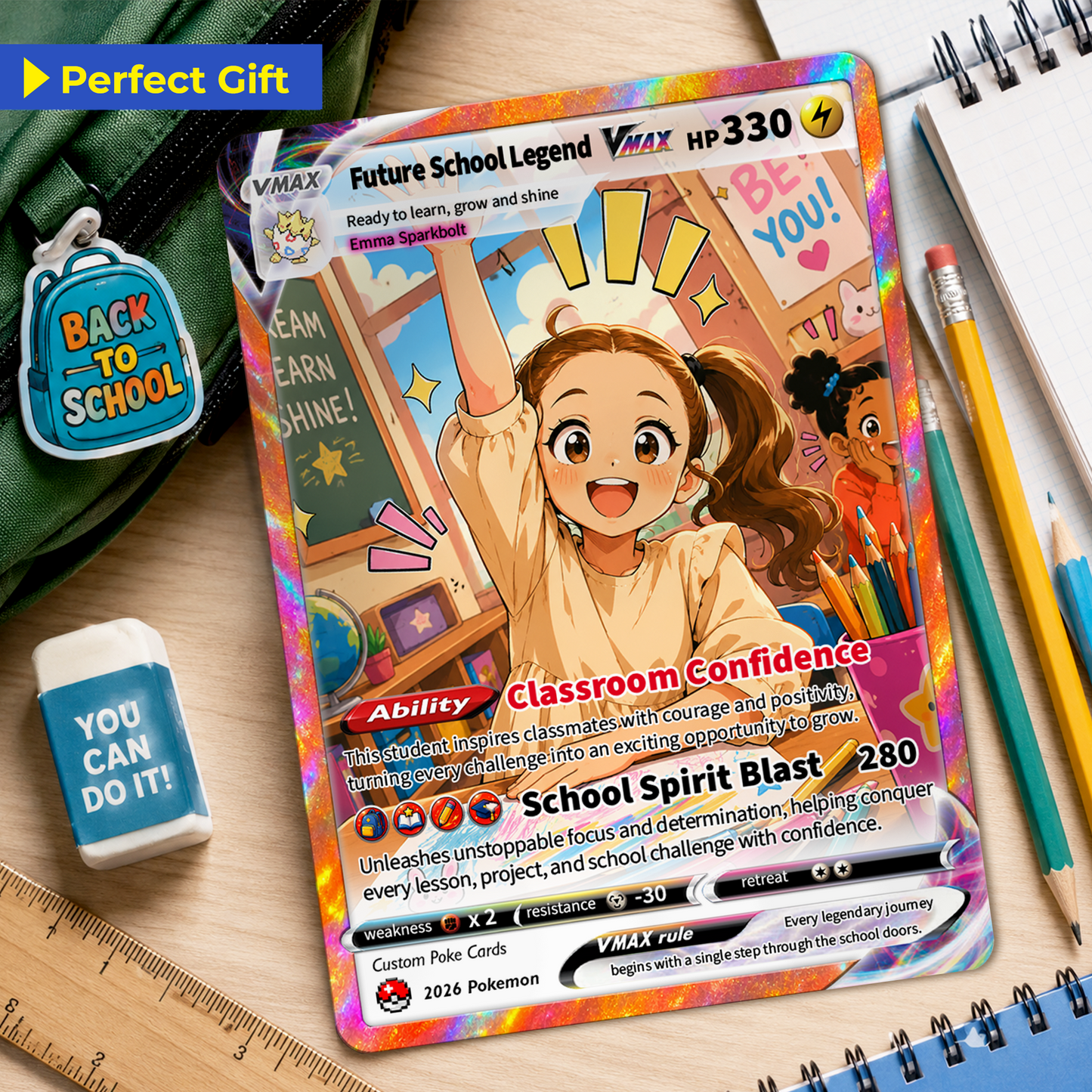 Back to School Custom Pokémon Card - Personalized Pokémon Card with Anime Picture for Kids, Students - First Day of School Gift from Parents - CPC-BTS-01