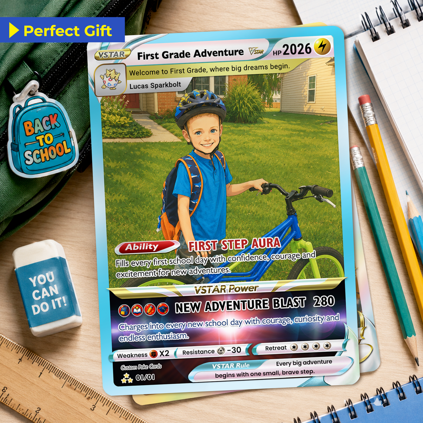 First Grade Adventure Custom Pokémon Card, First Day of School Personalized Pokémon Card, Customizable Animated Gift from Parents for Kids - Kindergarten Graduation Gift - CPC-BTS-24
