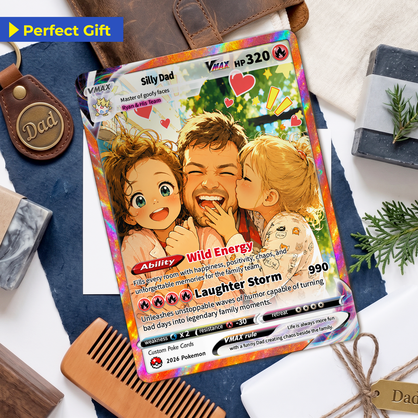 Father’s Day 2026 Custom Pokémon Card - Comic Anime Style Personalized Pokémon Card for Funny Dad - Perfect Gift from Wife & Kids - CPC-121