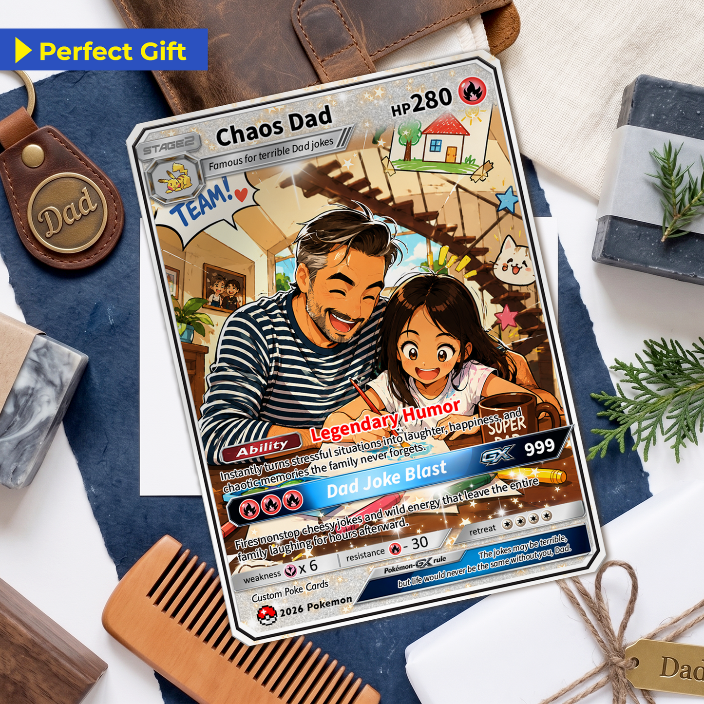 Funny Father's Day Custom Pokémon Card - HOT Trend Comic Anime Style Personalized Pokémon Card for Dad - Perfect Gift from Wife & Kids - CPC-119