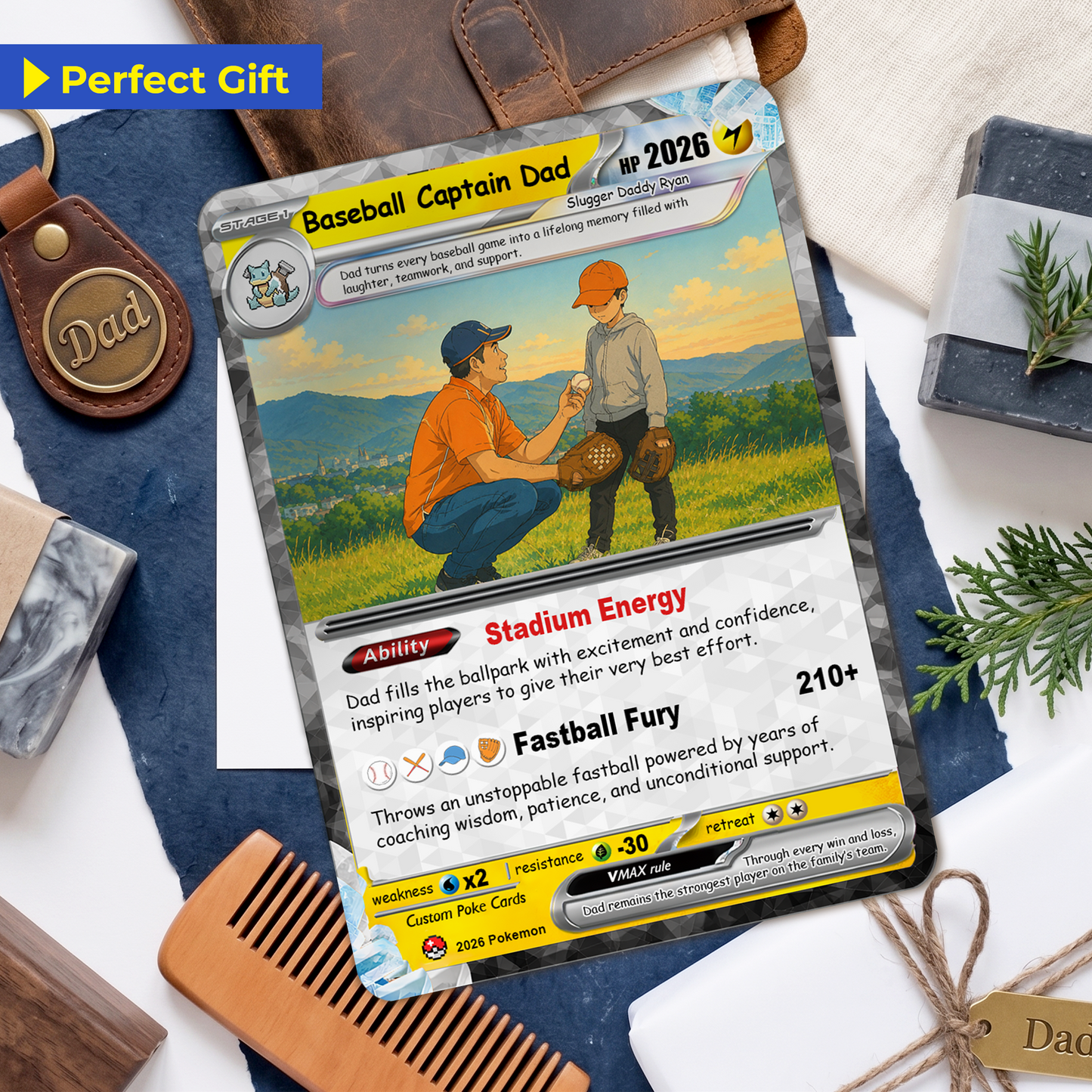 Happy Father's Day Custom Pokémon Card for Baseball Dad - Father’s Day Personalized Pokémon Card for Sport Dad - Comic Anime Customizable Gift from Supporter, Wife, Son & Daughter - CPC-135