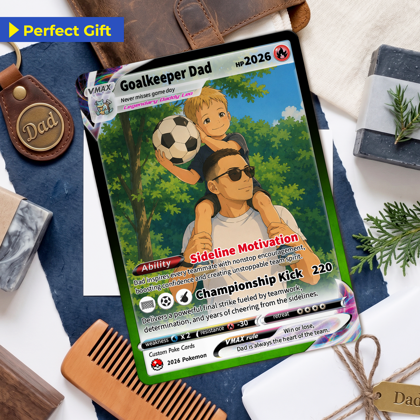 Father’s Day Personalized Pokémon Card for Sport Dad - Custom Pokémon Card for Soccer Dad - Comic Anime Style Customizable Gift from Supporter, Wife, Son & Daughter - CPC-132