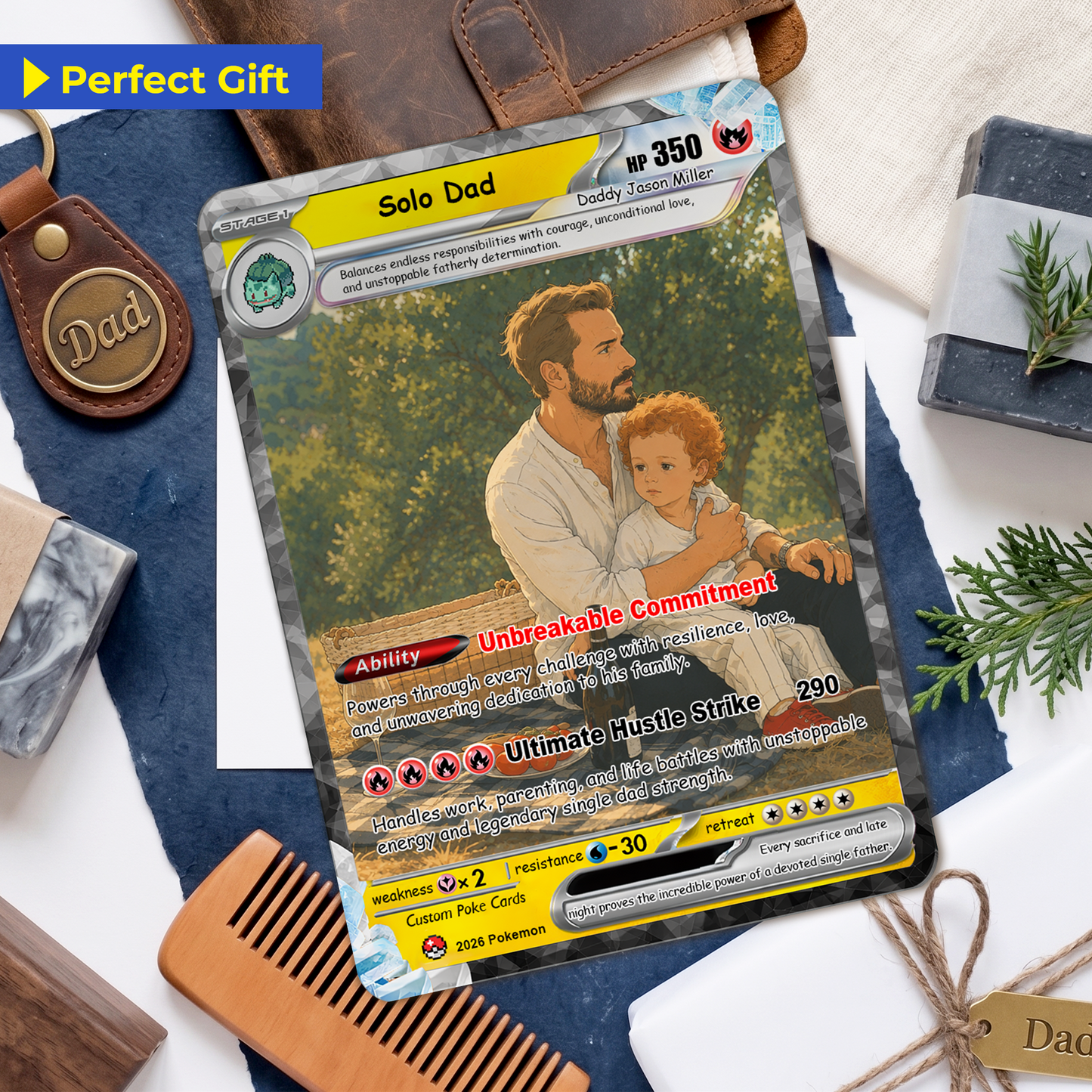 Single Dad Custom Pokémon Card for Father's Day - Comic Anime Style Personalized Pokémon Card for Solo Father - Perfect Gift from Kids & Friends - CPC-130