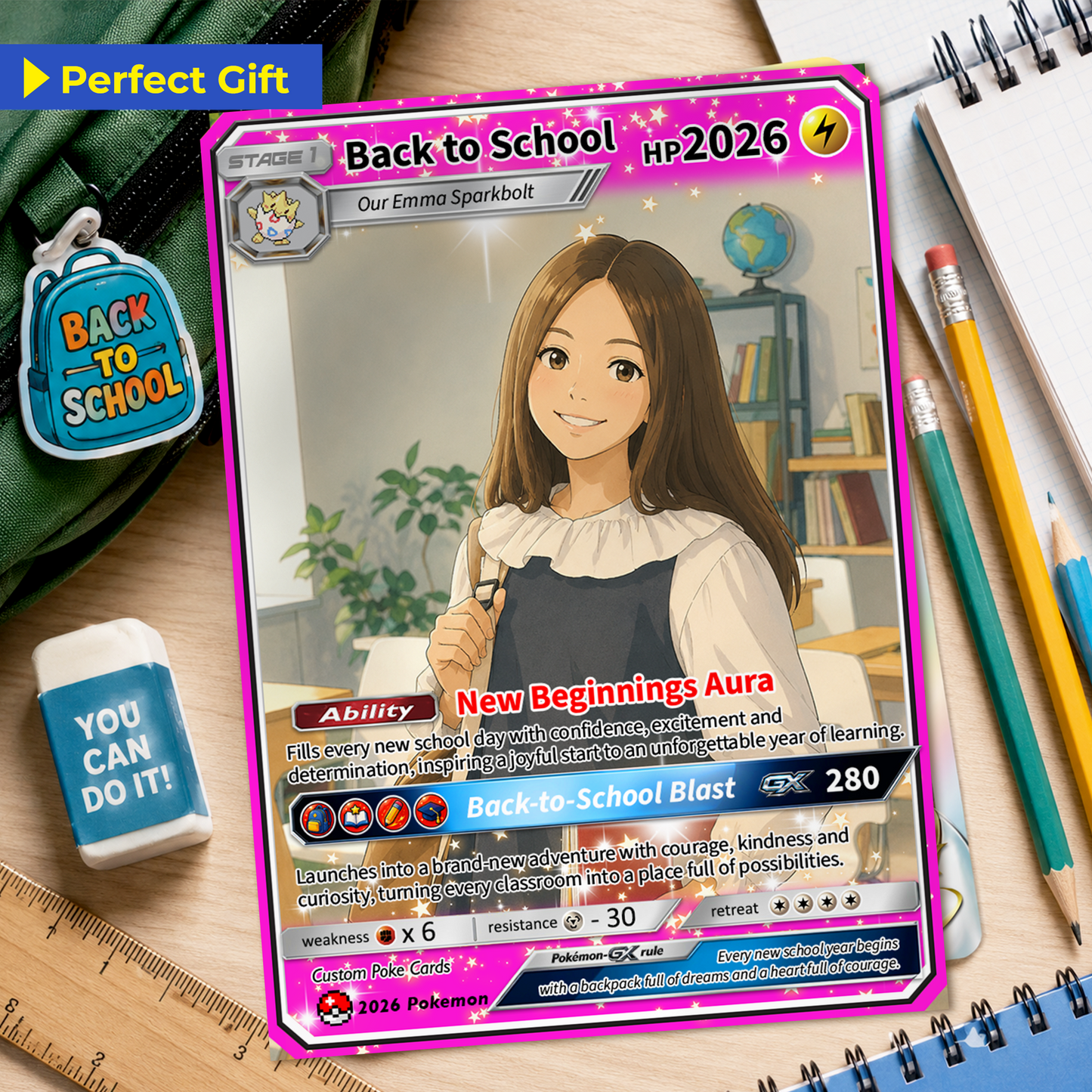 Back to School Custom Pokémon Card with Anime Picture for Kids, Students, Uniqye Gift for Pokémon Fans - Personalized First Day of School Gift from Parents - CPC-BTS-22