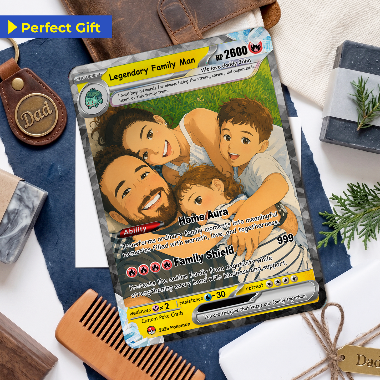 Happy Father's Day Custom Pokémon Card - Comic Anime Style Personalized Pokémon Card for Dad - Perfect Gift from Wife & Kids - CPC-124