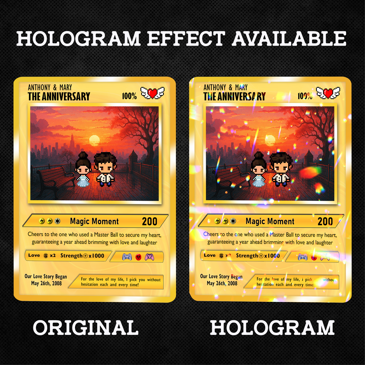 Custom Pokemon Card with Pixel Characters & Photo Transformation to Anime, Personalized Pokemon Card for Couples, Holographic Effect Available - CPC-70