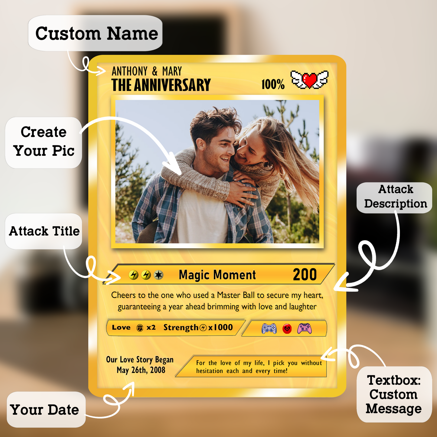 Custom Pokemon Card with Photo Transformation to Anime, Personalized Pokemon Card for Couples, Holographic Effect Available - CPC-70.A