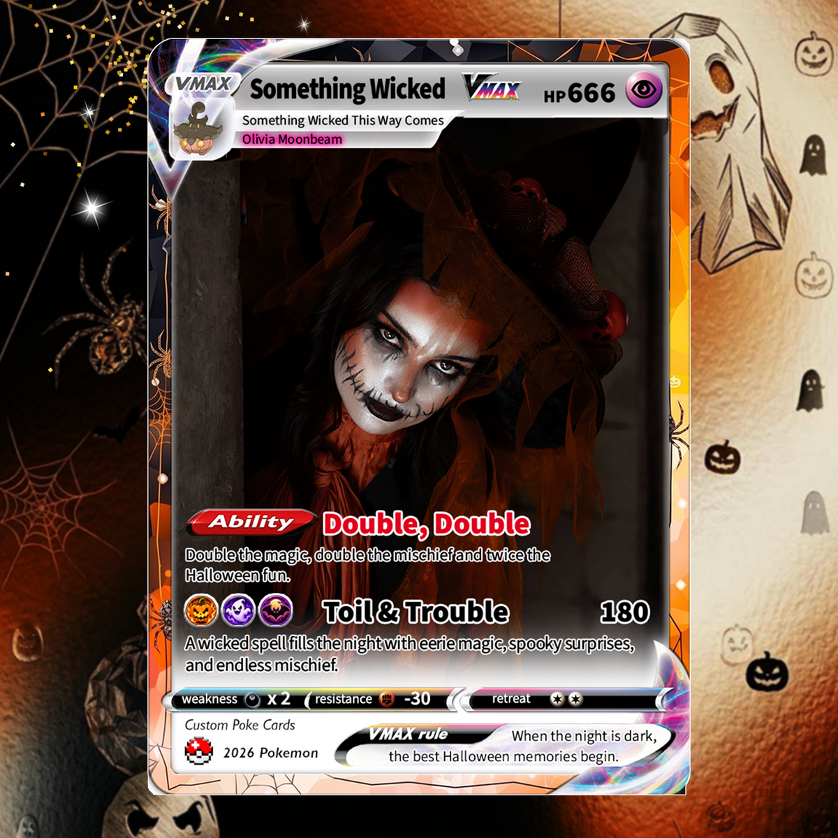 Custom Halloween Witch Pokémon Card with Anime Picture, Personalized Pokémon Cards, Spooky Halloween Gift for Her - CPC-hlw-15
