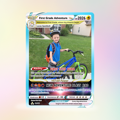 First Grade Adventure Custom Pokémon Card, First Day of School Personalized Pokémon Card, Customizable Animated Gift from Parents for Kids - Kindergarten Graduation Gift - CPC-BTS-24