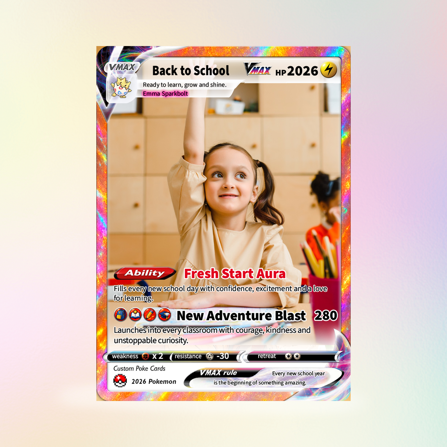 Back to School Custom Pokémon Card - Personalized Pokémon Card with Anime Picture - First Day of School Gift from Parents, Grandparents for Kids, Students - CPC-BTS-01.B