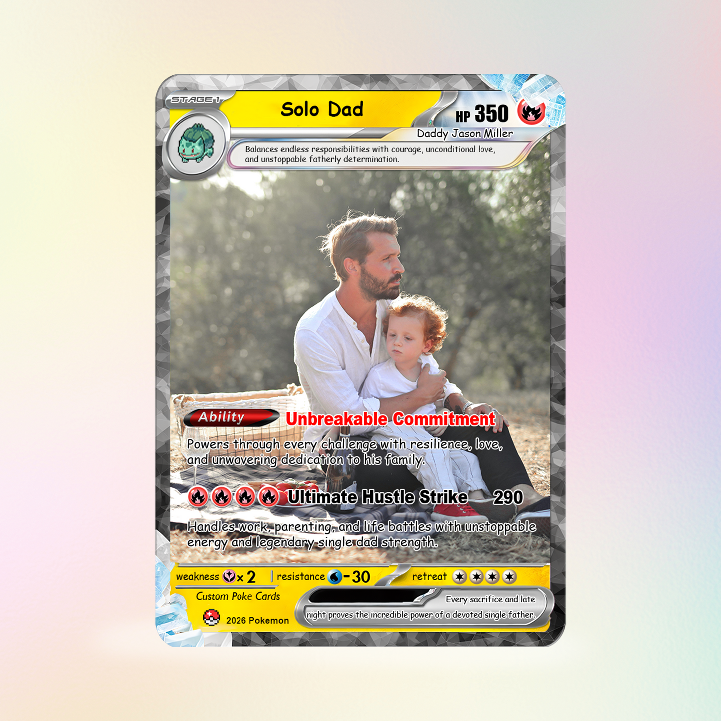 Single Dad Custom Pokémon Card for Father's Day - Comic Anime Style Personalized Pokémon Card for Solo Father - Perfect Gift from Kids & Friends - CPC-130