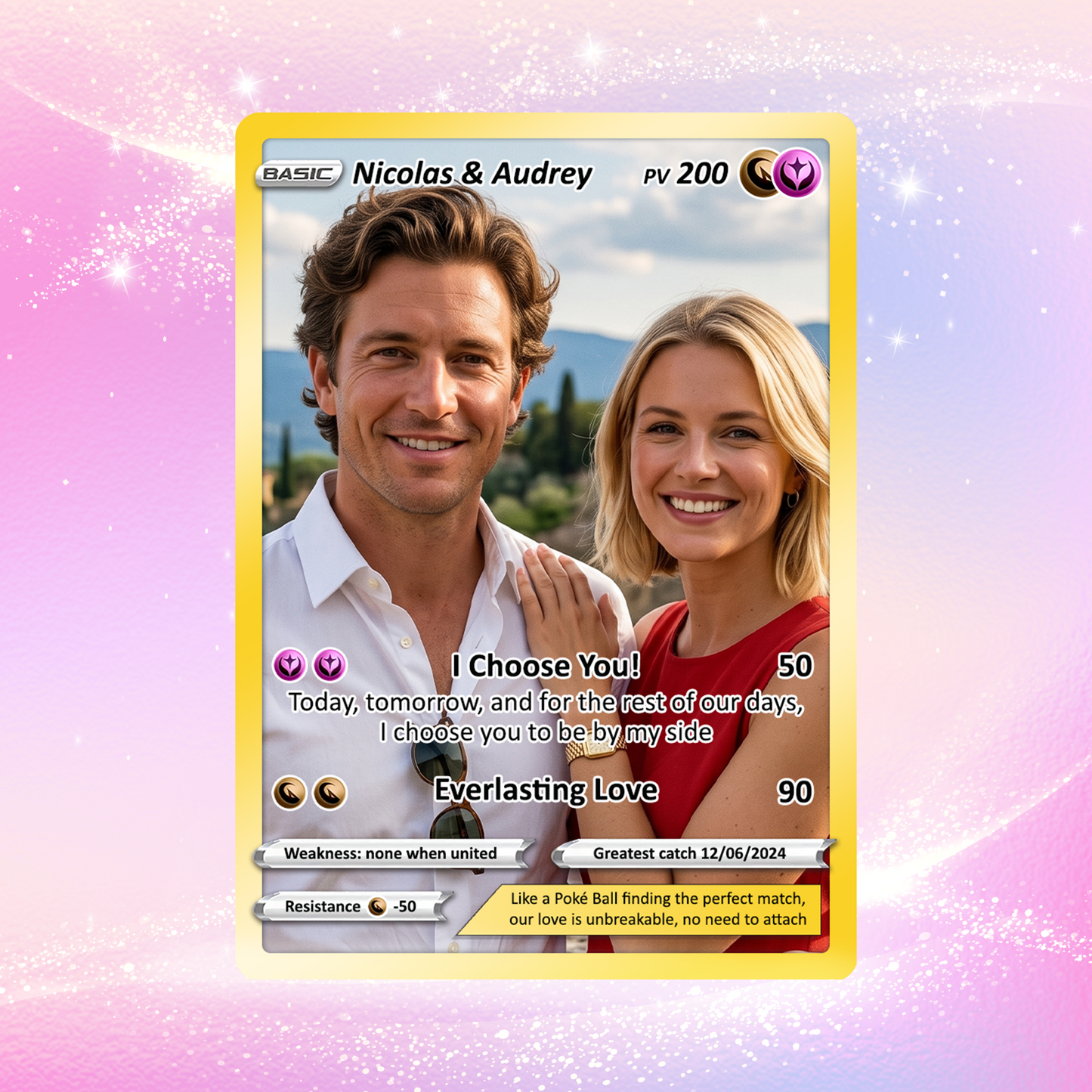 Customizable Pokemon Card - Personalized Anime-Inspired Pokemon Card for Couples - Holographic Effect Available - CPC-28