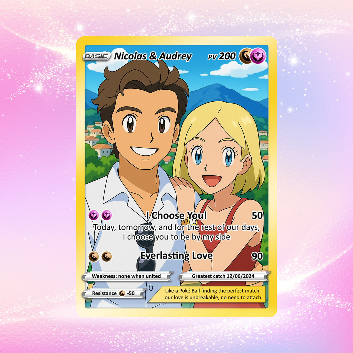Customizable Pokemon Card - Personalized Anime-Inspired Pokemon Card for Couples - Holographic Effect Available - CPC-28