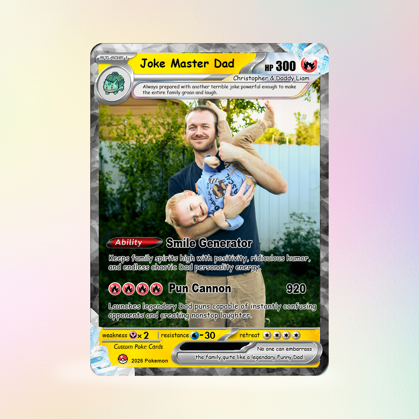 Funny Happy Father's Day Custom Pokémon Card - Comic Anime Style Personalized Pokémon Card for Funny Dad - Perfect Gift from Wife & Kids - CPC-122