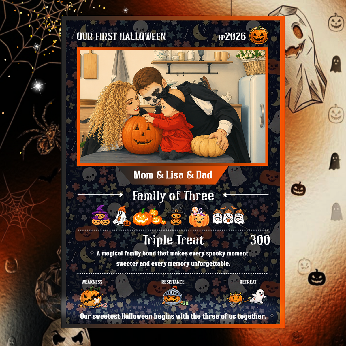 Custom Pokémon Card – First Halloween as a Family of Three, Halloween Anime Transformation Metal Card, Personalized Family of 3 Gift, New Family Keepsake - CPC-hlw-14