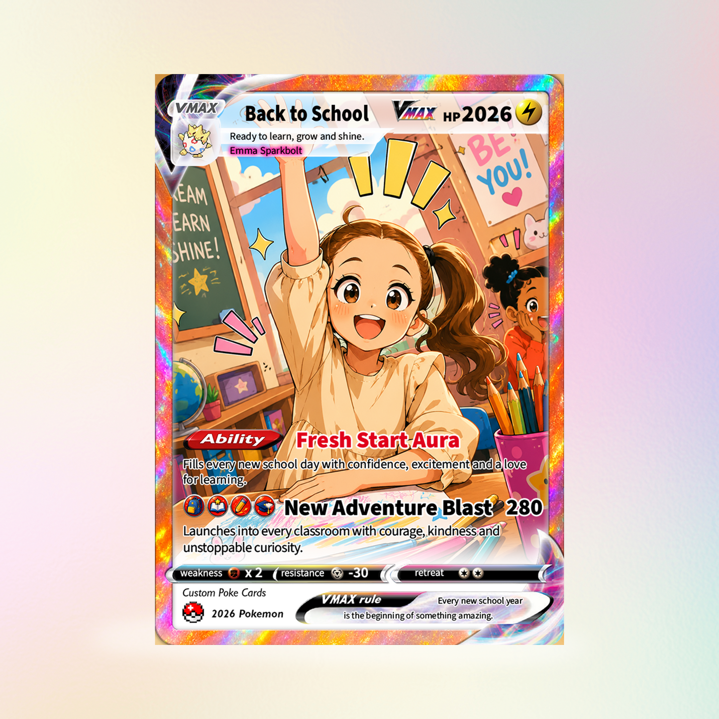 Back to School Custom Pokémon Card - Personalized Pokémon Card with Anime Picture - First Day of School Gift from Parents, Grandparents for Kids, Students - CPC-BTS-01.B