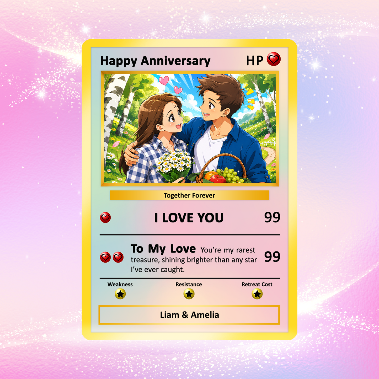 Happy Anniversary Card, Custom Pokémon Cards with Anime Picture, Personalized Poke Cards Animated Style Gifts for Him and Her - CPC-61