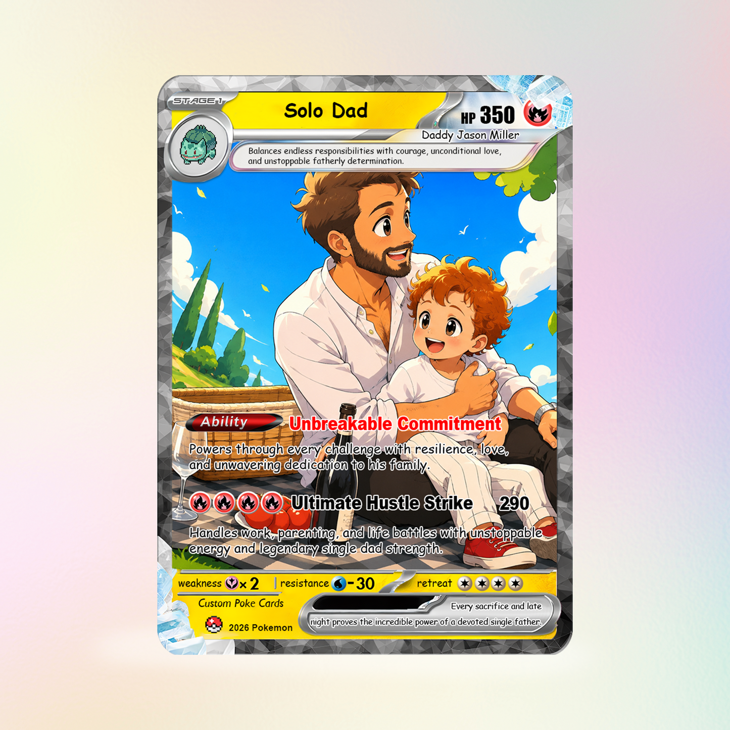 Single Dad Custom Pokémon Card for Father's Day - Comic Anime Style Personalized Pokémon Card for Solo Father - Perfect Gift from Kids & Friends - CPC-130