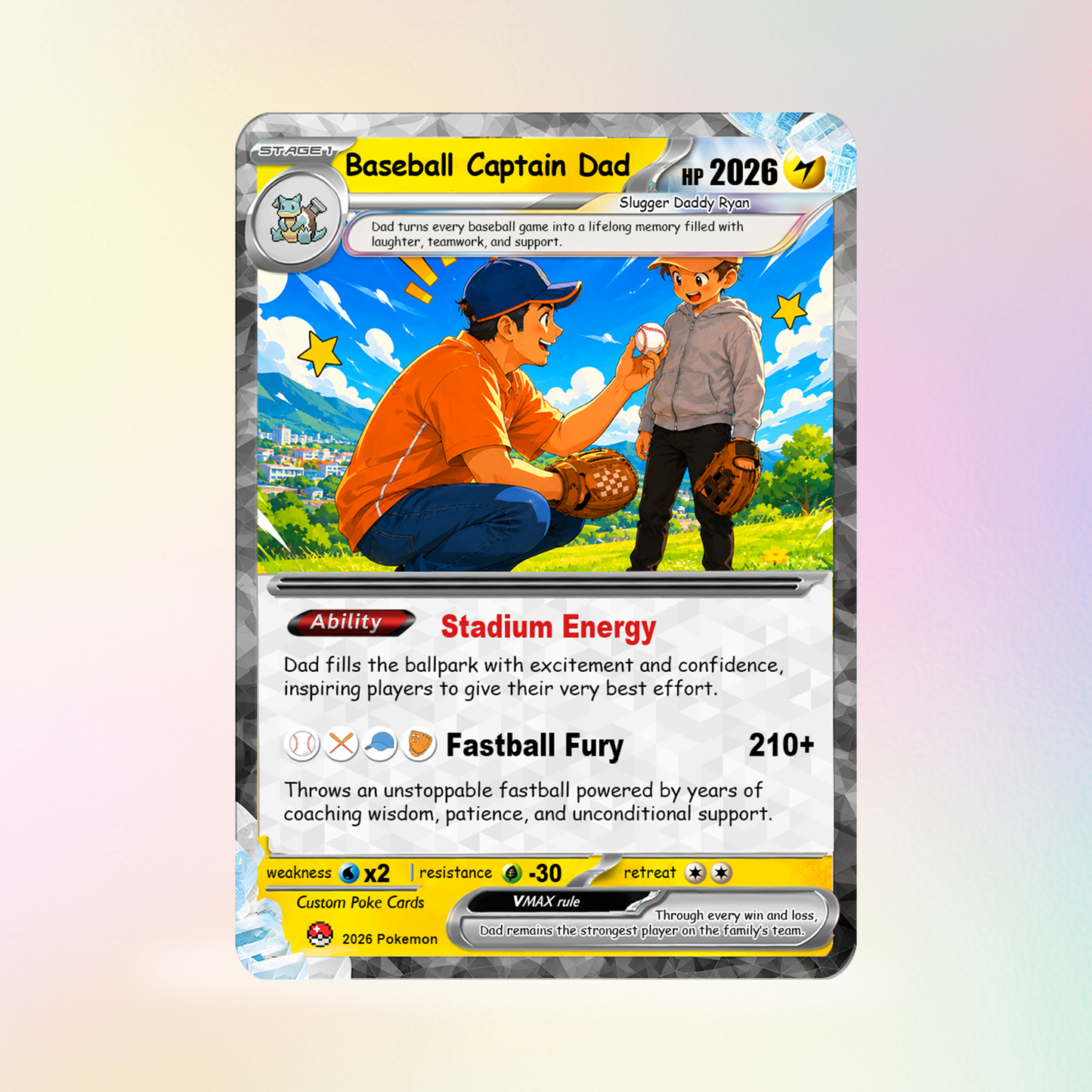 Happy Father's Day Custom Pokémon Card for Baseball Dad - Father’s Day Personalized Pokémon Card for Sport Dad - Comic Anime Customizable Gift from Supporter, Wife, Son & Daughter - CPC-135