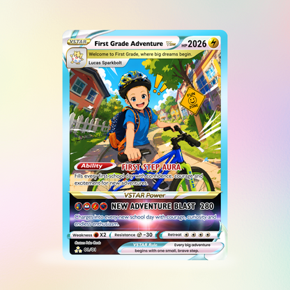 First Grade Adventure Custom Pokémon Card, First Day of School Personalized Pokémon Card, Customizable Animated Gift from Parents for Kids - Kindergarten Graduation Gift - CPC-BTS-24