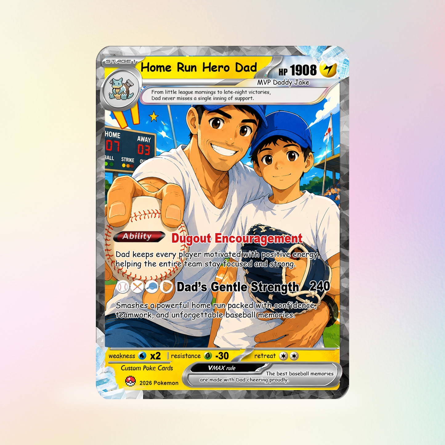 Baseball Dad Custom Pokémon Card for Father's Day - Father’s Day Personalized Pokémon Card for Sport Dad - Comic Anime Style Customizable Gift from Supporter, Wife, Son & Daughter - CPC-134