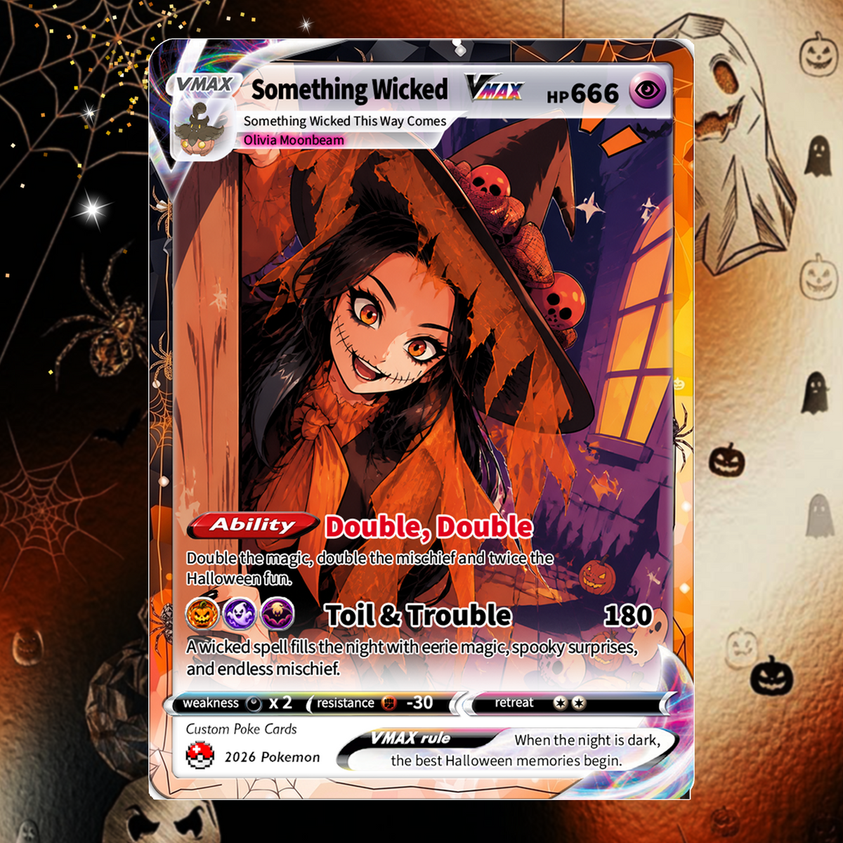 Custom Halloween Witch Pokémon Card with Anime Picture, Personalized Pokémon Cards, Spooky Halloween Gift for Her - CPC-hlw-15