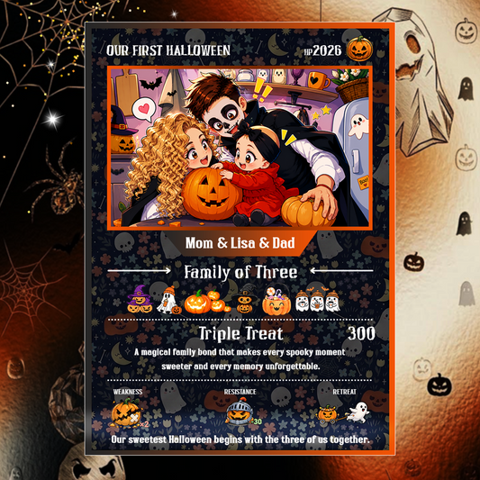 Custom Pokémon Card – First Halloween as a Family of Three, Halloween Anime Transformation Metal Card, Personalized Family of 3 Gift, New Family Keepsake - CPC-hlw-14