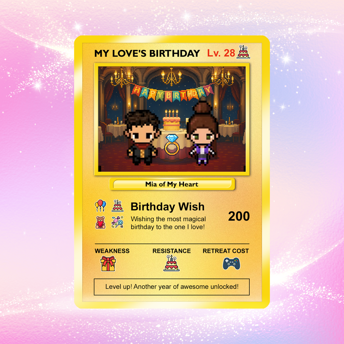 Pixel Characters Personalized Pokémon Card, Birthday Custom Pokémon Card for Couples, Customizable Pokémon Cards for Birthday - CPC-14.B
