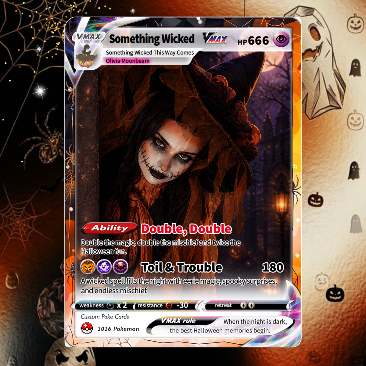 Custom Halloween Witch Pokémon Card with Anime Picture, Personalized Pokémon Cards, Spooky Halloween Gift for Her - CPC-hlw-15