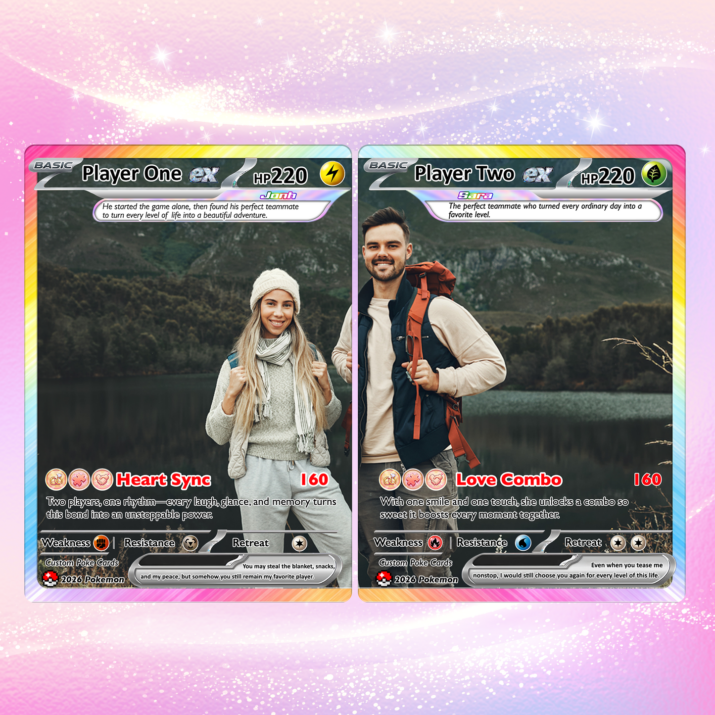 Matching Set Custom Pokémon Cards, Set of 2 Personalized Poke Cards, Buy 1 Get 2 Animated Style Gifts for Him and Her - CPC-100