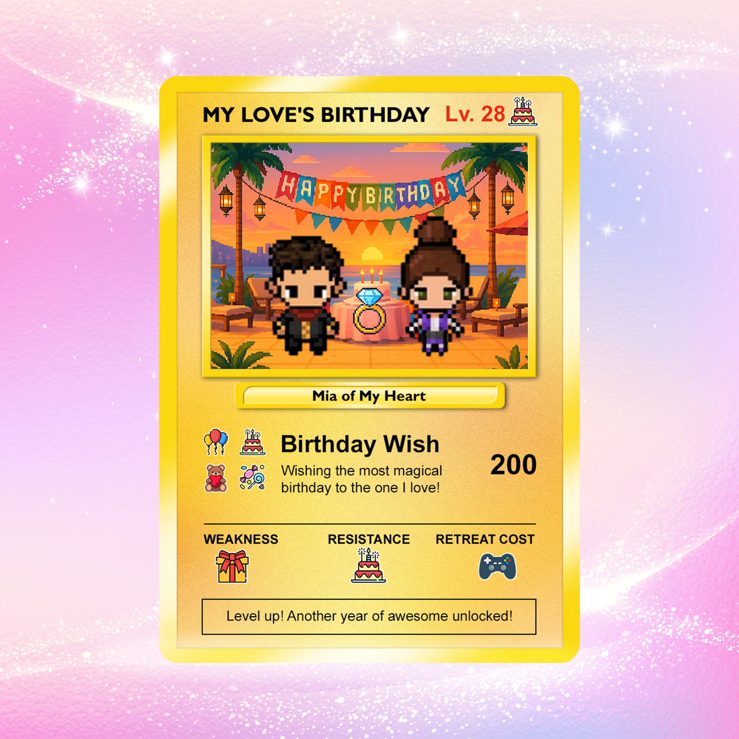 Pixel Characters Personalized Pokémon Card, Birthday Custom Pokémon Card for Couples, Customizable Pokémon Cards for Birthday - CPC-14.B