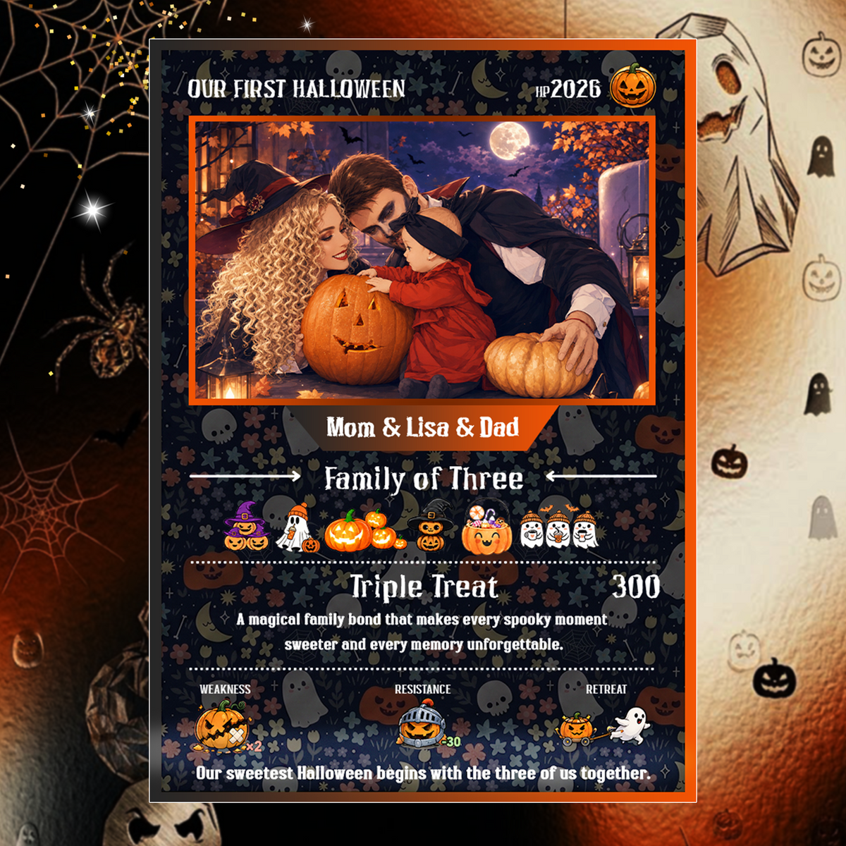 Custom Pokémon Card – First Halloween as a Family of Three, Halloween Anime Transformation Metal Card, Personalized Family of 3 Gift, New Family Keepsake - CPC-hlw-14
