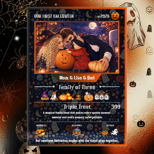 Custom Pokémon Card – First Halloween as a Family of Three, Halloween Anime Transformation Metal Card, Personalized Family of 3 Gift, New Family Keepsake - CPC-hlw-14
