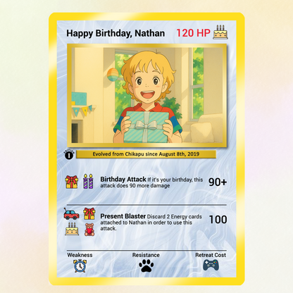 Happy Birthday Custom Pokémon Card, Anime Ghibli-style Art Transformation Personalized Pokémon Card for Date of Birth - CPC-49