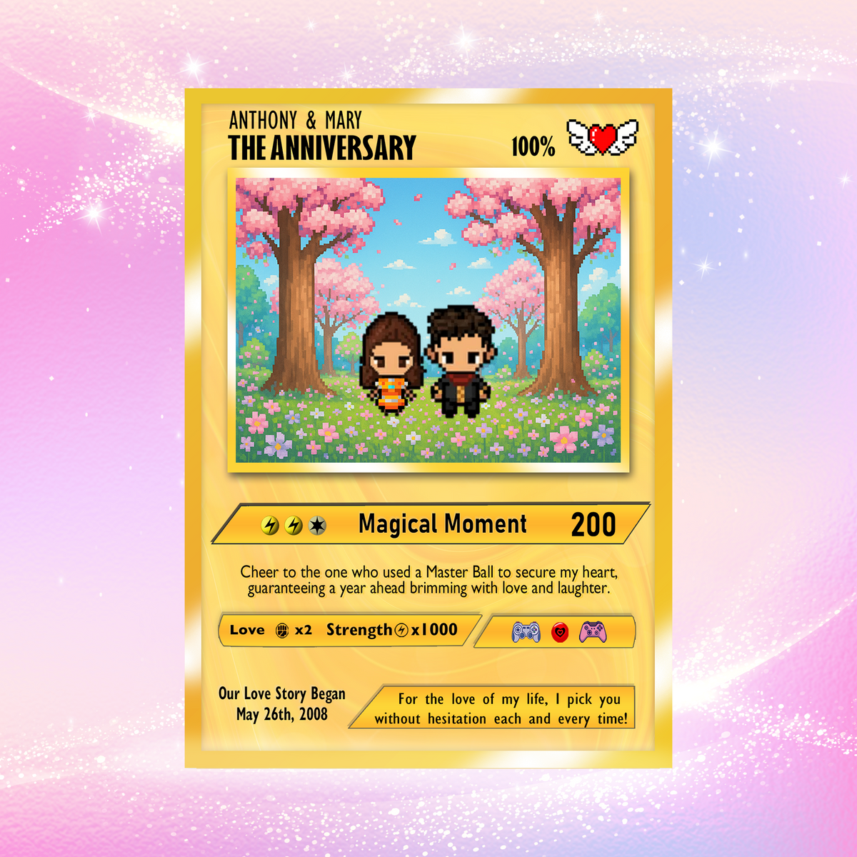 Custom Pokemon Card with Pixel Characters, Personalized Pokemon Card for Couples, Holographic Effect Available - CPC-70.B