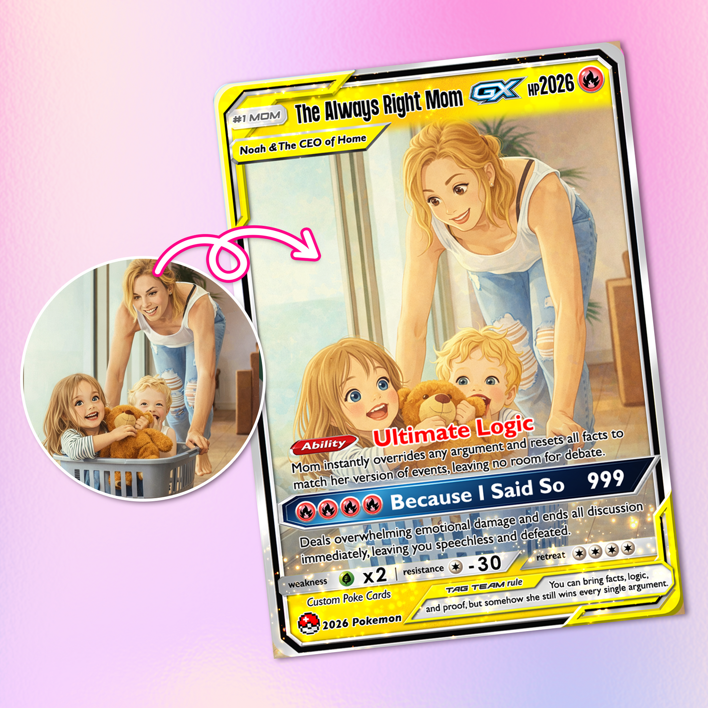 Mother’s Day Custom Pokémon Card – Funny Quote Personalized Pokemon Card - Customizable Gift from Husband Daughter, Son | Ghibli - Anime Style Trading Card - CPC-87