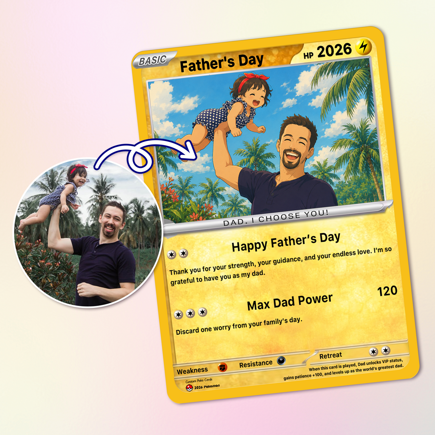 Funny Father’s Day Personalized Pokémon Card - Custom Pokémon Card for Trainer Dad - Comic Anime Style Customizable Gift from Supporter, Wife, Son & Daughter - CPC-111.B