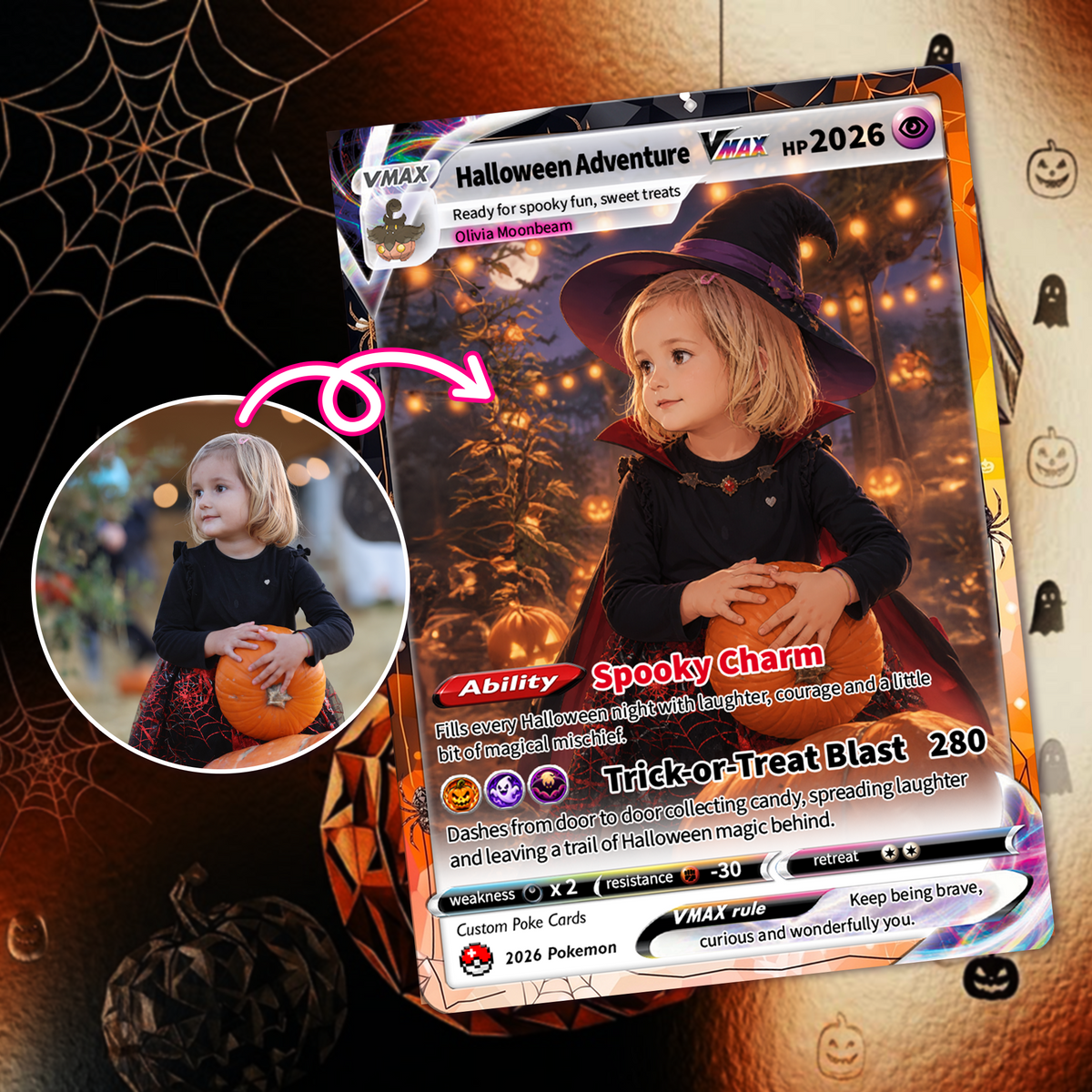 Custom Pokémon Card for Kids, Halloween Anime Transformation Photo Poke Card, Personalized Halloween Gift for Children, Custom Pokémon Gift - CPC-hlw-12