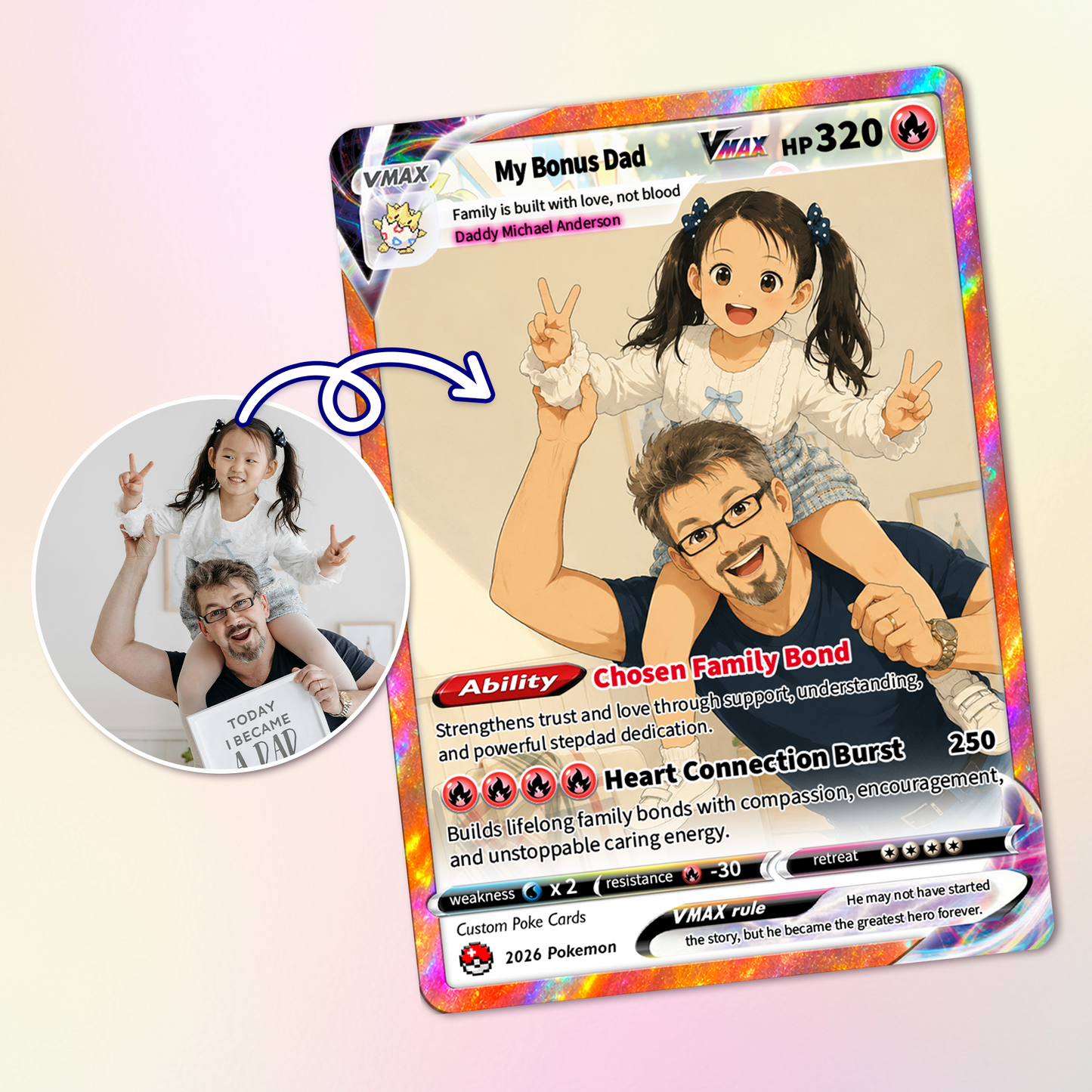 My Bonus Dad Custom Pokémon Card for Father's Day - Comic Anime Style Personalized Pokémon Card for Step Dad - Perfect Gift for Stapfather from Kids - CPC-131
