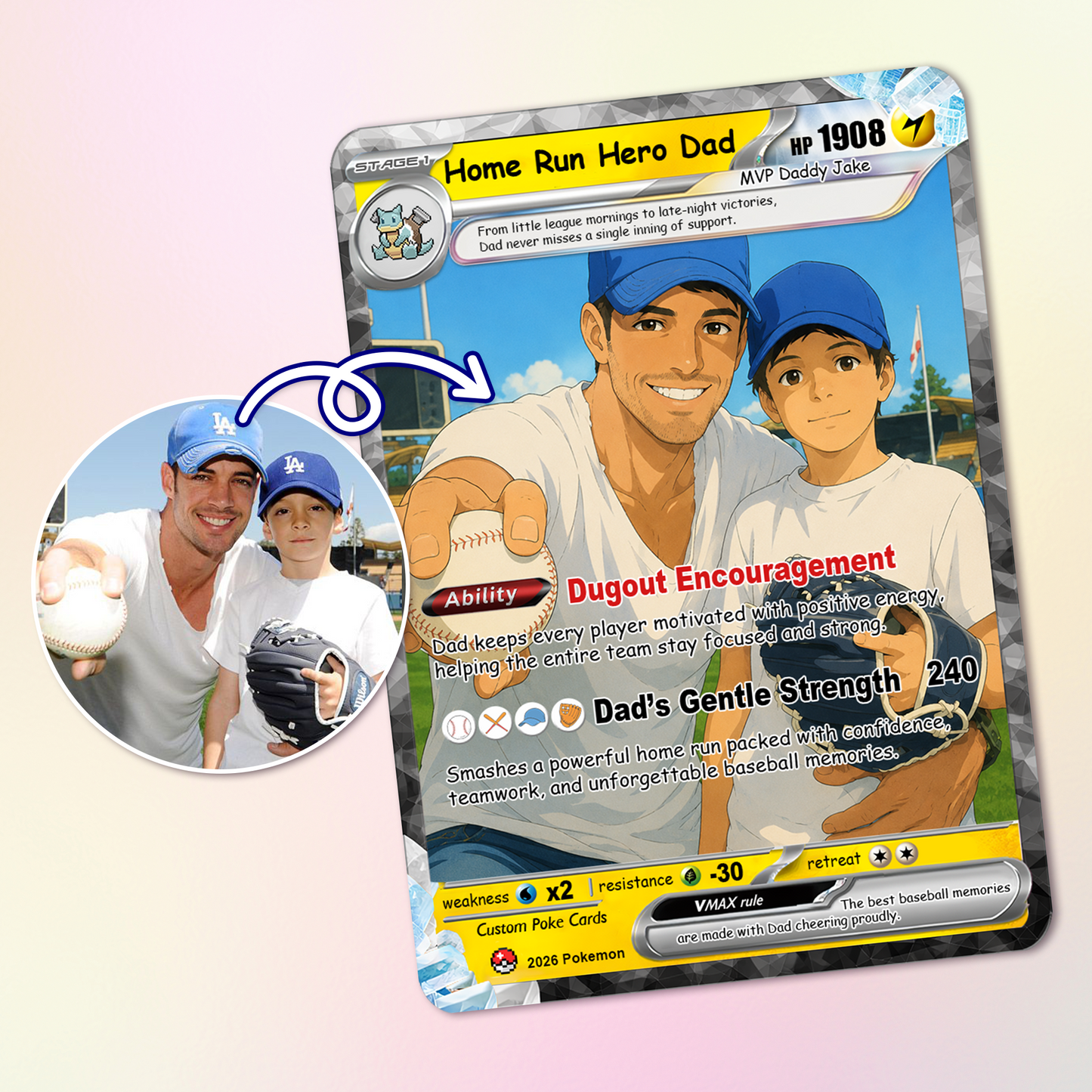 Baseball Dad Custom Pokémon Card for Father's Day - Father’s Day Personalized Pokémon Card for Sport Dad - Comic Anime Style Customizable Gift from Supporter, Wife, Son & Daughter - CPC-134