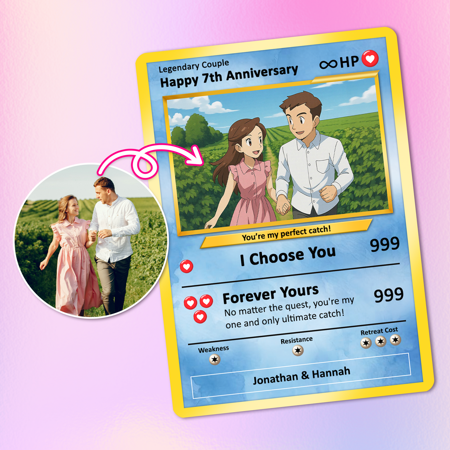 Personalized Pokemon Card for Couples with Anime Style - Custom Couple Pokemon Card for Him Her - Custom Names Anniversary - CPC-36