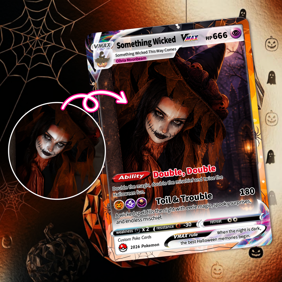 Custom Halloween Witch Pokémon Card with Anime Picture, Personalized Pokémon Cards, Spooky Halloween Gift for Her - CPC-hlw-15
