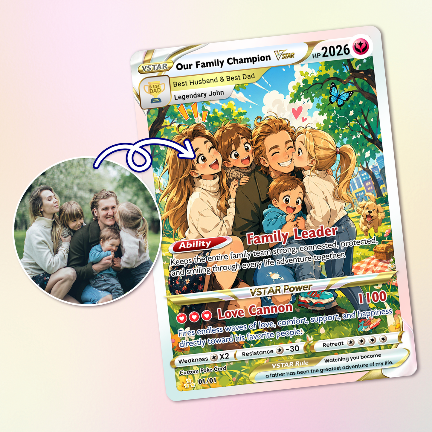 Happy Father's Day Custom Pokémon Card - Trendy Comic Anime Style Personalized Pokémon Card for Dad - Perfect Gift from Wife & Kids - CPC-117.A