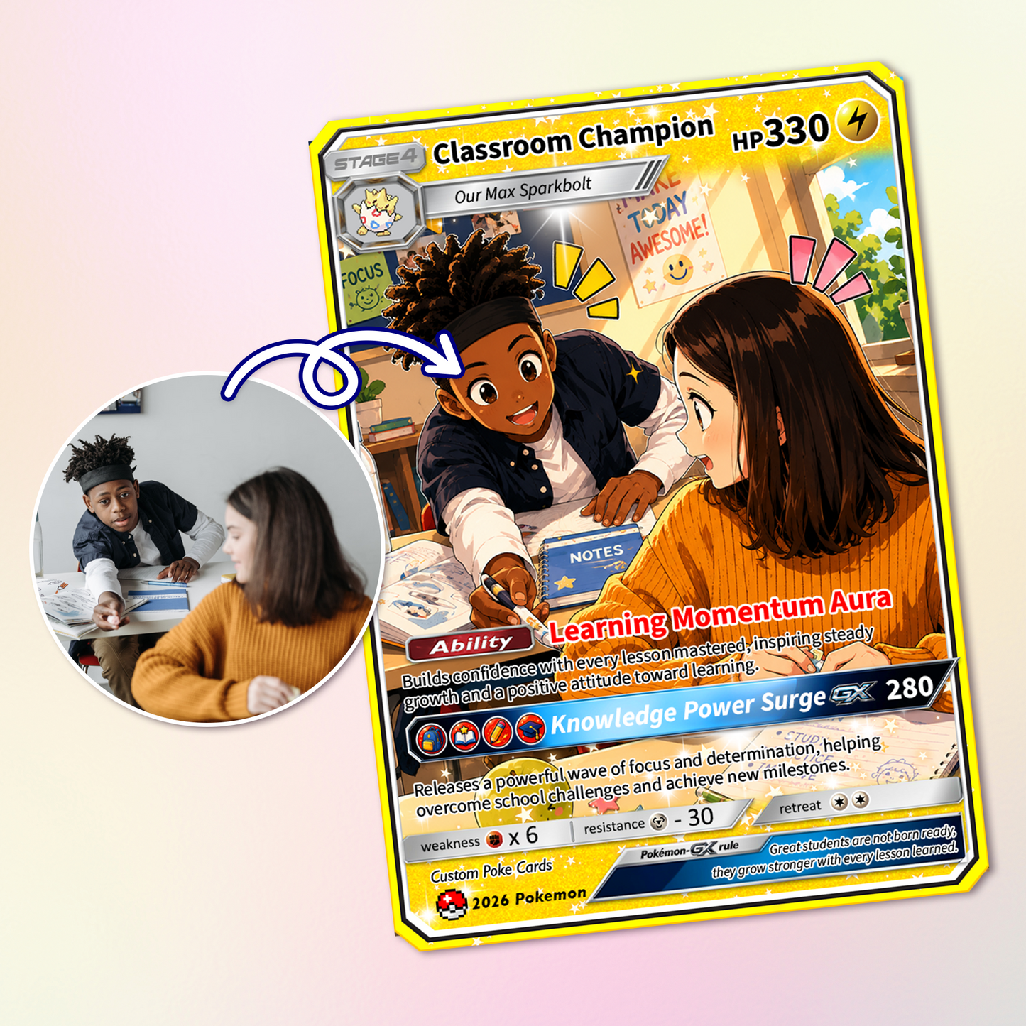 Classroom Champion Back to School Personalized Pokémon Card - Custom Pokémon Card with Anime Picture for Kids, Students - First Day of School Gift from Parents - CPC-BTS-03