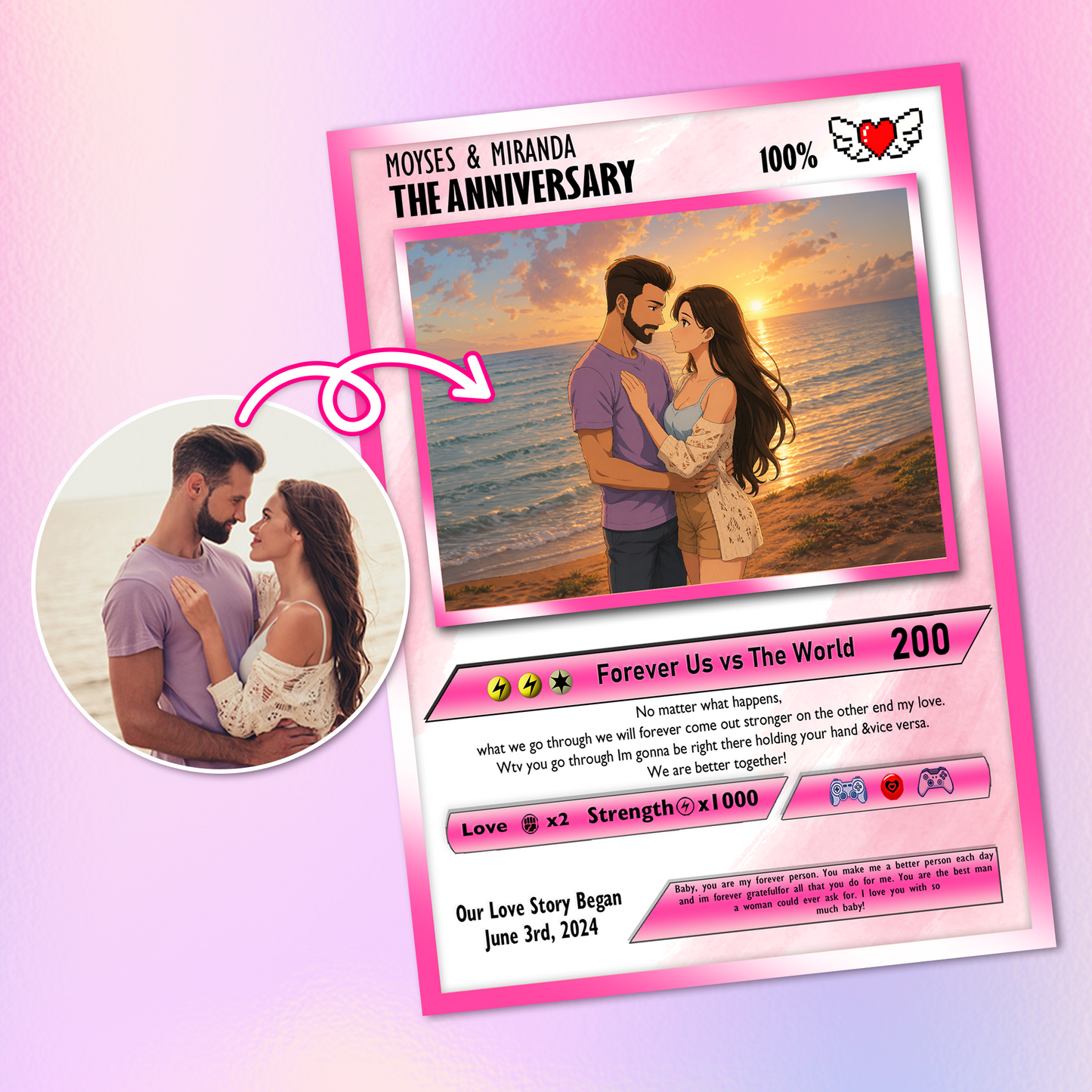 Happy Valentines Card, Custom Pokémon Cards with Anime Picture, Personalized Poke Cards Animated Style Gifts for Him and Her - CPC-72