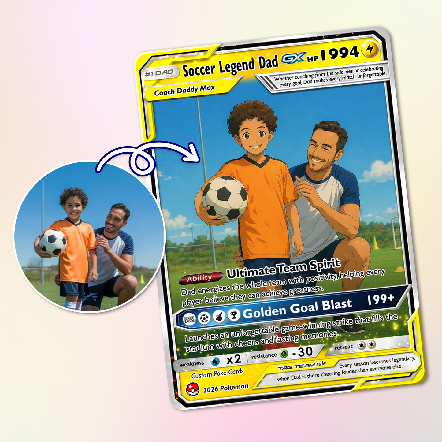 Soccer Dad Custom Pokémon Card for Father's Day - Father’s Day Personalized Pokémon Card for Sport Dad - Comic Anime Style Customizable Gift from Supporter, Wife, Son & Daughter - CPC-133