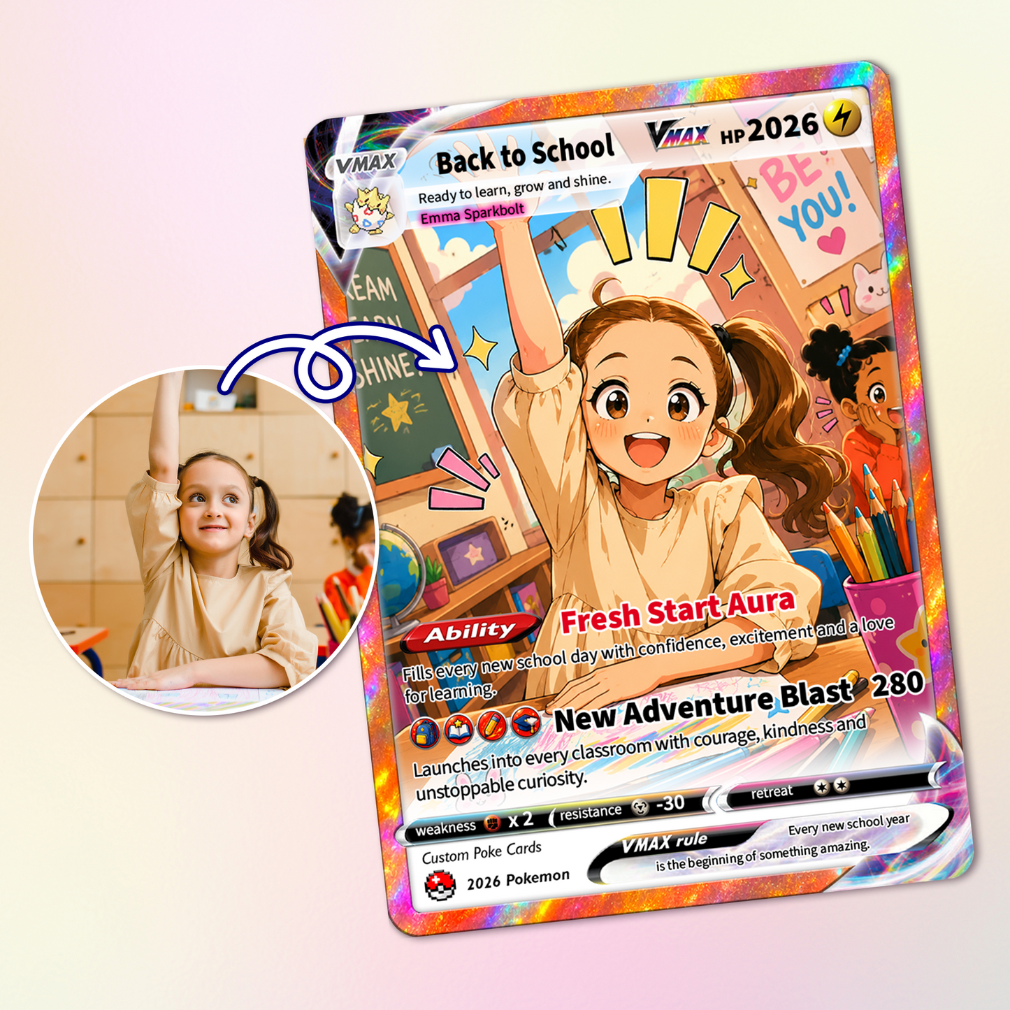 Back to School Custom Pokémon Card - Personalized Pokémon Card with Anime Picture - First Day of School Gift from Parents, Grandparents for Kids, Students - CPC-BTS-01.B