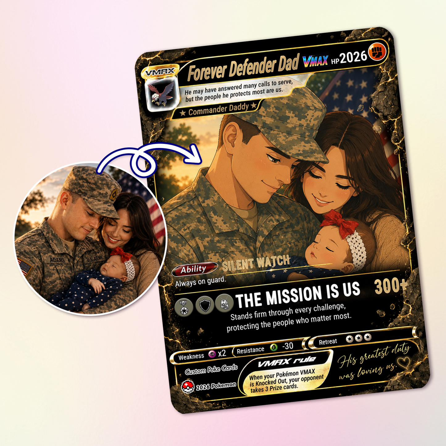 Special Edition Custom Pokémon Card for Military Dad - Father’s Day Personalized Pokémon Card for The Army Dad - Comic Anime Customizable Gift from Wife, Son & Daughter - CPC-142